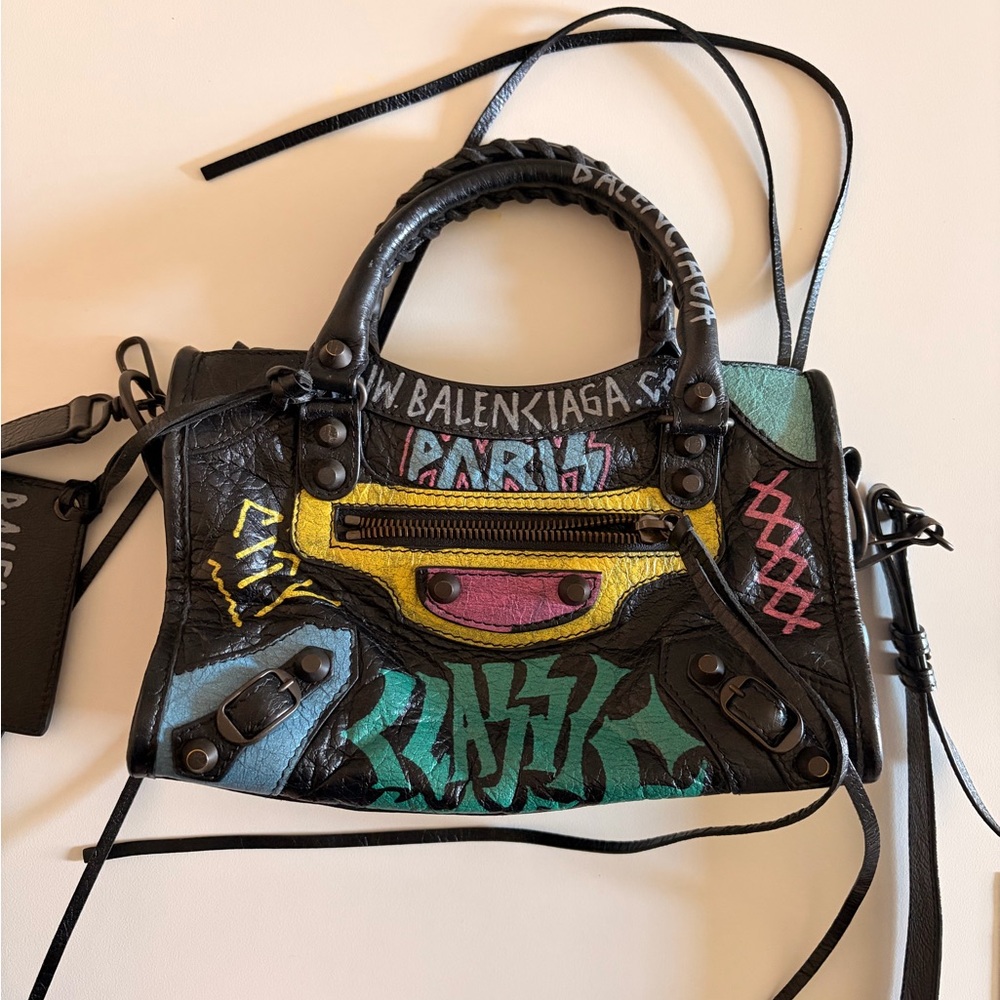Balenciaga Black Leather Mini City Bag with Multicolor Graffiti - Picture 10 of 11